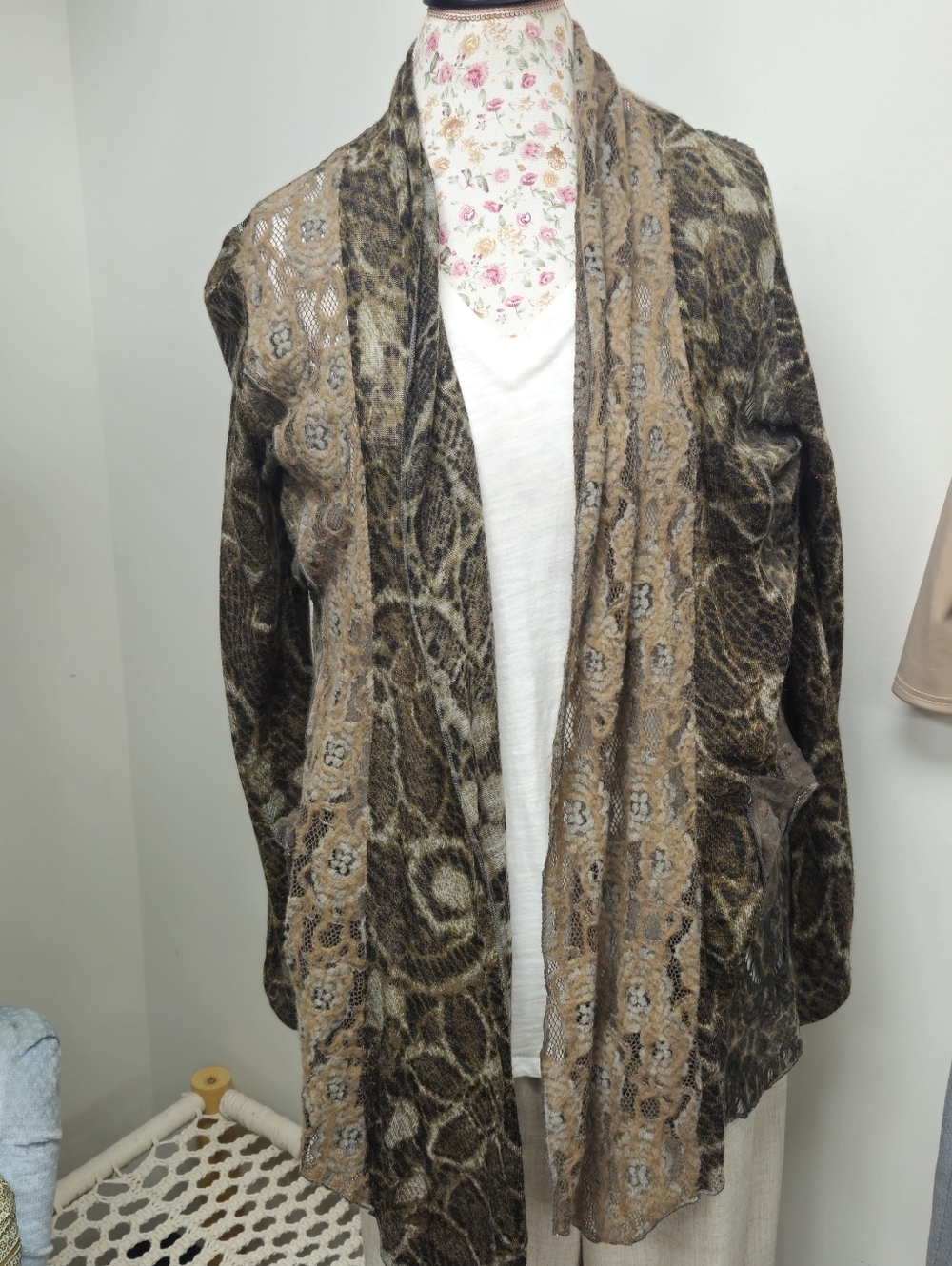 Vintage Lace & Velvet Open-Front Cardigan in Charcoal and Taupe